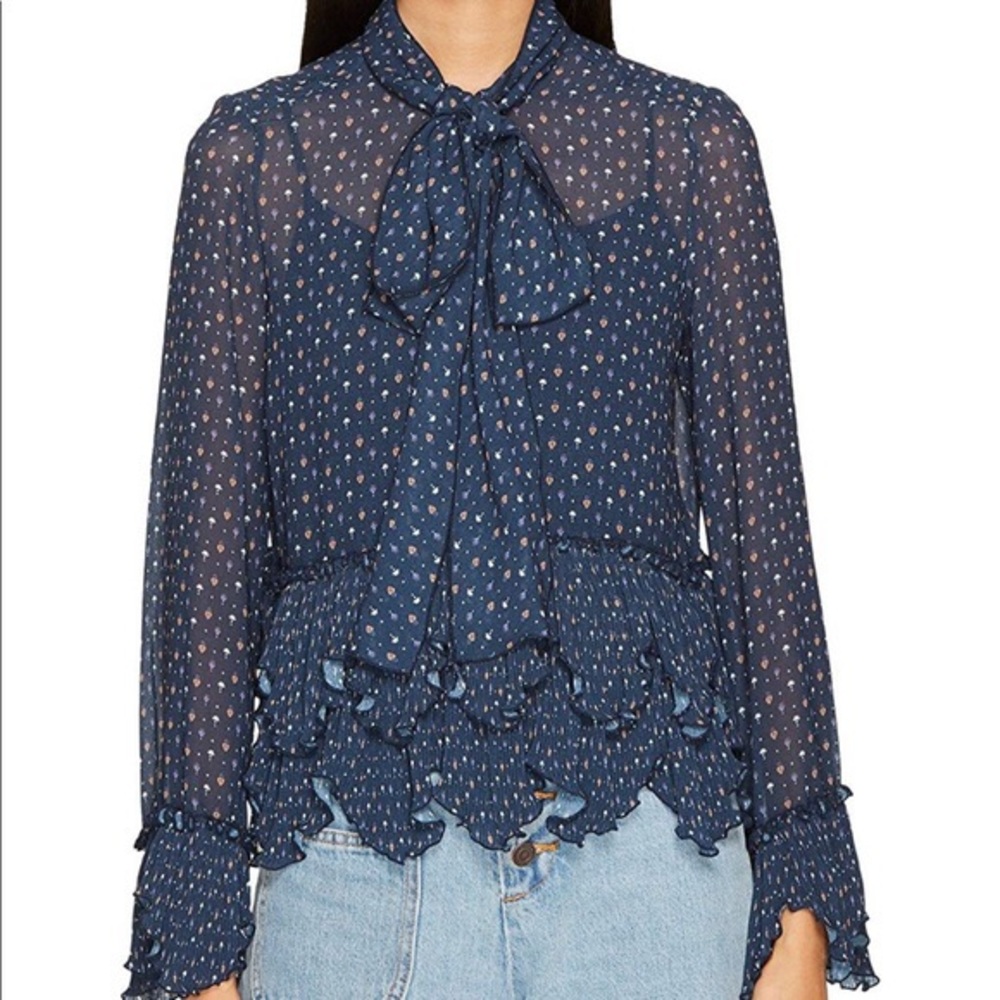 See by Chloe Tie Neck Ruffle Hem Blouse